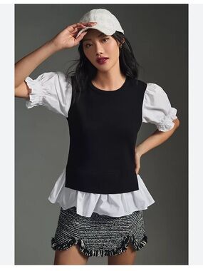 Anthropologie Black Layered Vest with White Poplin Hem and Puff Sleeves